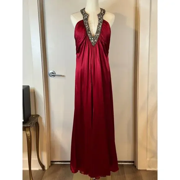 Vintage Y2K Marc Bouwer 100% Silk Maxi Dress Beaded V-Neck Red Cocktail Party 10 - Picture 2 of 14